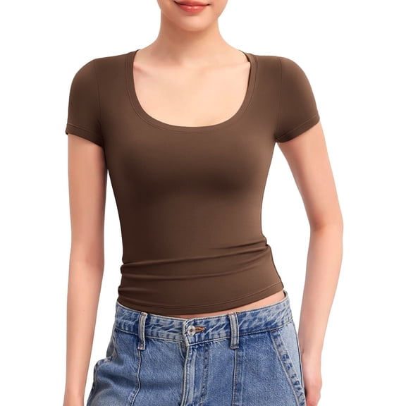 Jzuxvd Womens Summer Sexy Short Sleeve Square Neck Double Lined Basic Slim Fit Crop T Shirt Brown XL