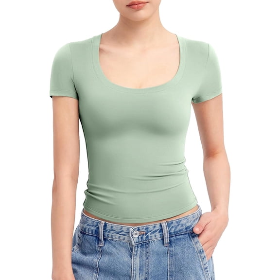 Jzuxvd Womens Summer Sexy Short Sleeve Square Neck Double Lined Basic Slim Fit Crop T Shirt Light Green XL