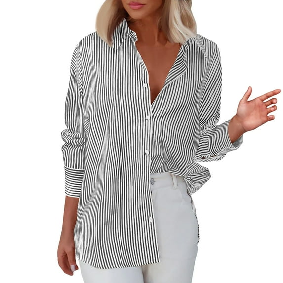 Jzuxvd Wrinkle Free Women's Button Down Shirts Striped Long Sleeve Collared Blouses Tops with Pocket Black M