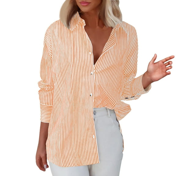 Jzuxvd Wrinkle Free Women's Button Down Shirts Striped Long Sleeve Collared Blouses Tops with Pocket Orange XXL