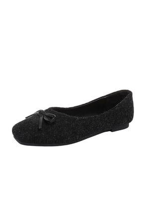 K-042 Black Womens Bow Decor Square Toe Shoes Fall Winter Platform Comfort Flat Loafers Ladies
