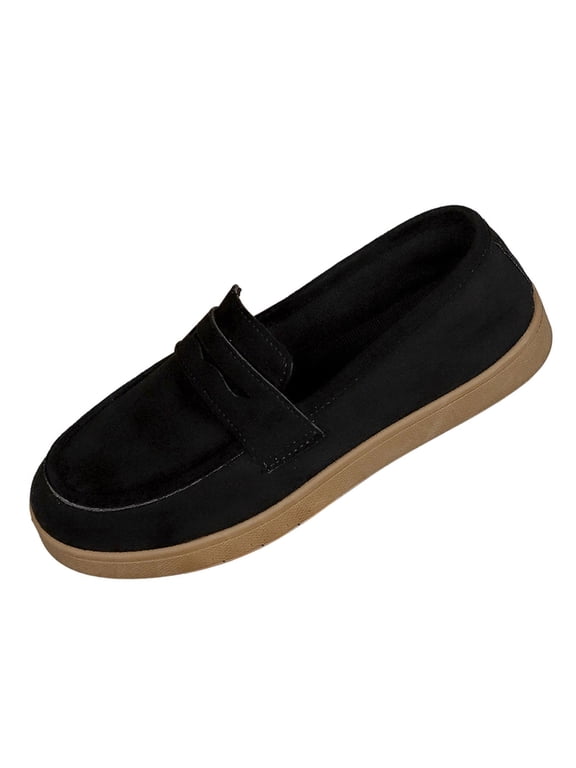 K-232 Black Womens Four Season Casual Solid Color Round Toe Flat Sole Loafers Comfortable Everyday Shoes