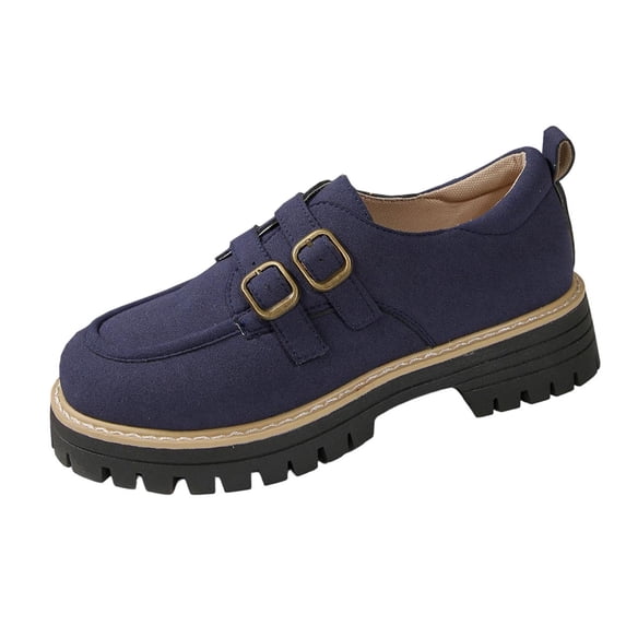 K-46 Blue Ladies Casual Winter Loafers Frosted Round Head Thick Heel Thick Bottom Mid Heel Retro Comfortable