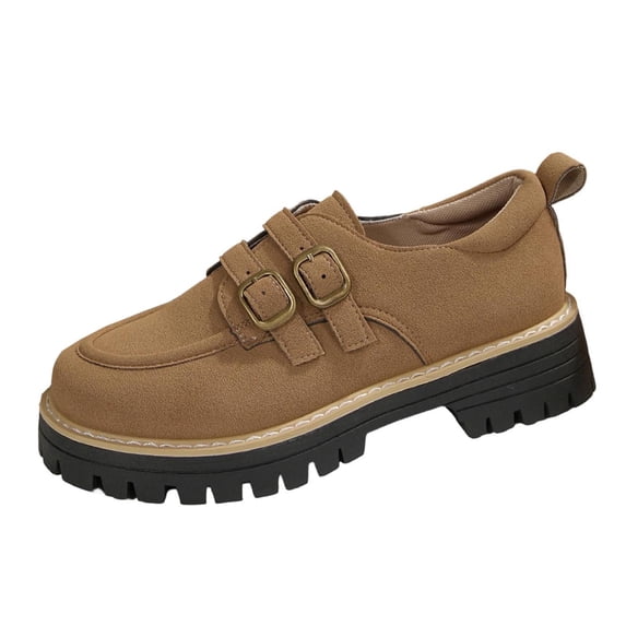 K-46 Khaki Ladies Fashionable Winter Loafers Frosted Round Head Thick Heel Thick Bottom Mid Heel Retro Casual