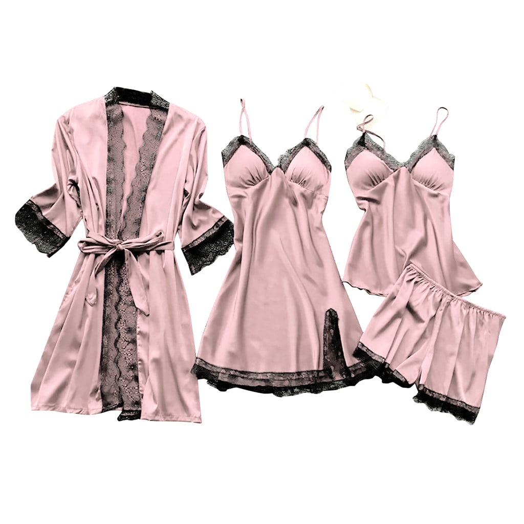 K617 Pink Bath Robe Sets for Women Lace Spandex Faux Silk Match 2 Piece Lingeries Pajamas
