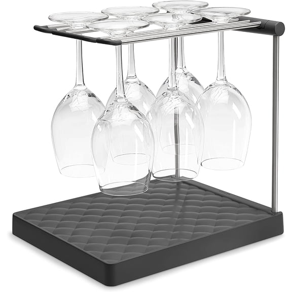 K-8628-CHR Wine Glass Drying Rack, Wine Glasses Rack Organizer, Folding Drying Rack for 6 Wine Glasses, Charcoal