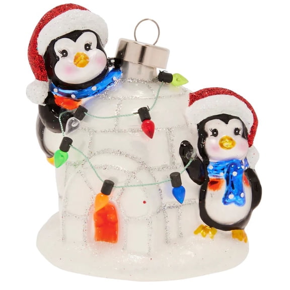 K+A 3.75" Igloo Penguin Pals Glass Christmas Ornament