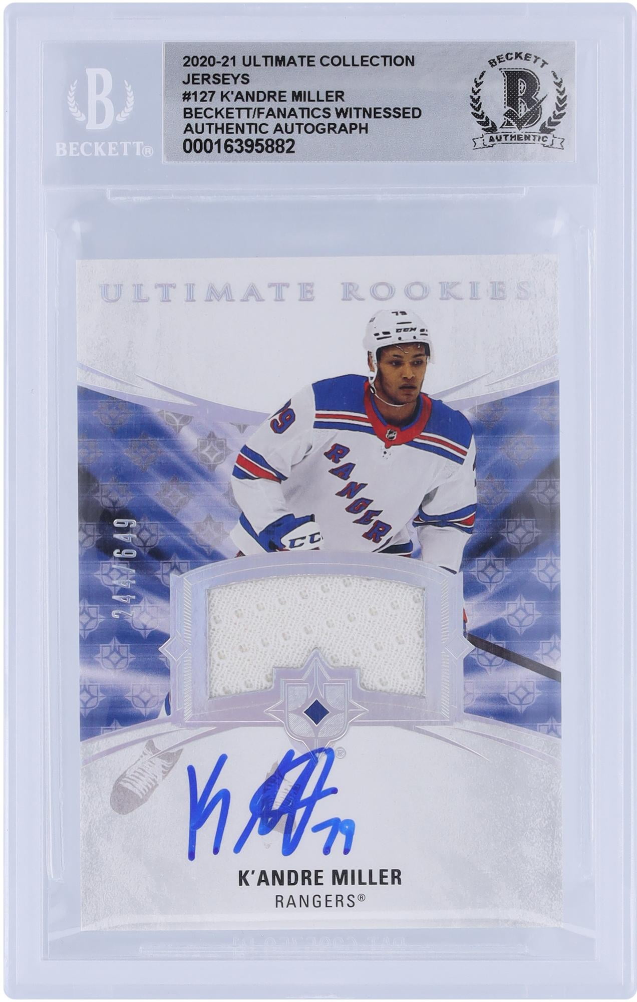 K'Andre Miller New York Rangers Autographed 2020-21 Upper Deck Ultimate Collection Jerseys Relic #127 Beckett Fanatics Witnessed Authenticated 10 Rookie Card - Fanatics Authentic Certified