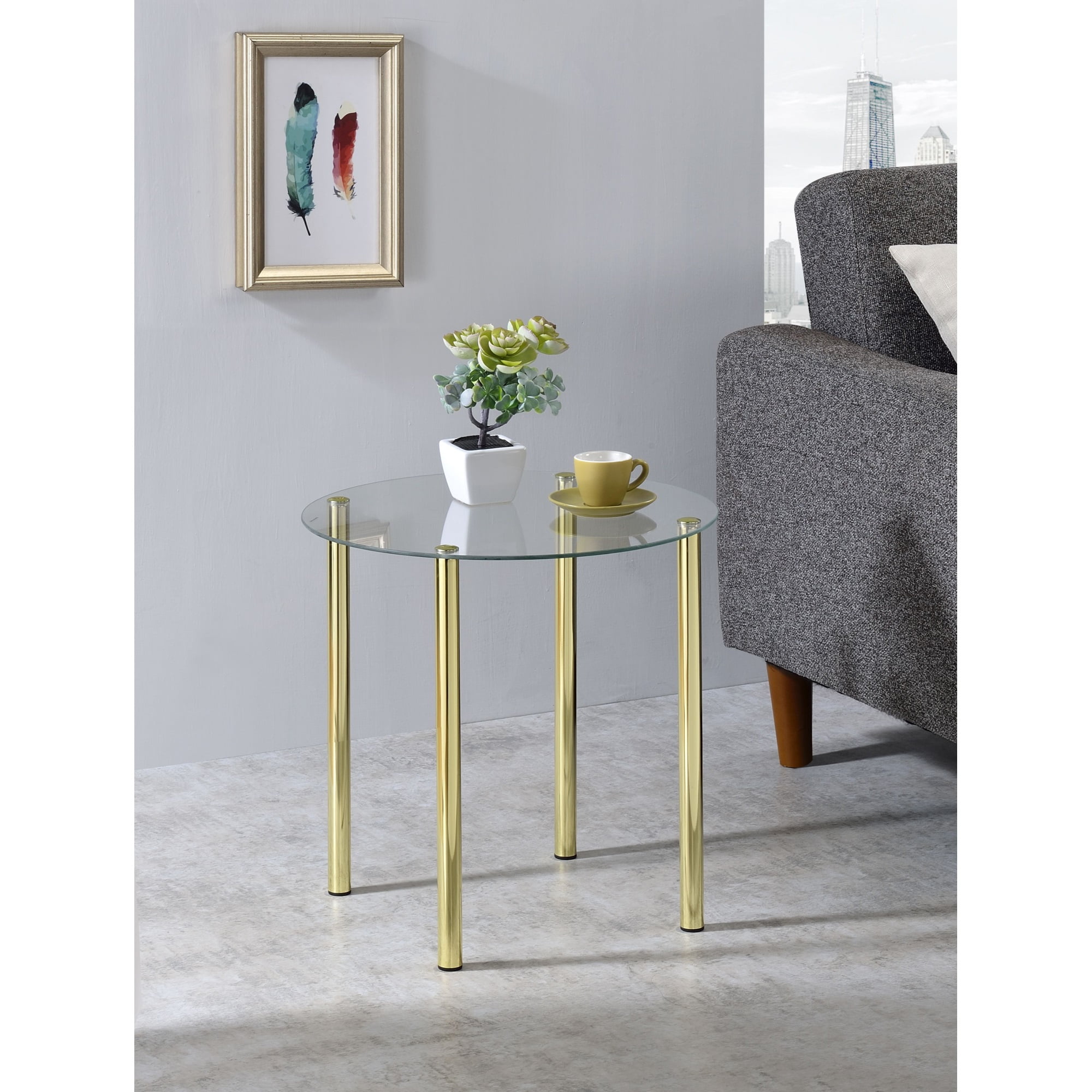 Gold Round Metal and Glass Side Table