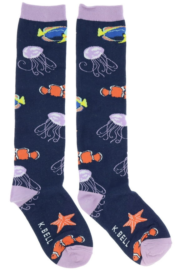 K. Bell Women's Knee Length Cotton Blend Socks - Navy Blue Sea Creatures