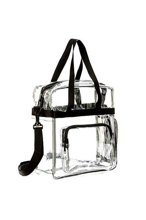 12" Clear PVC Messenger Bag Heavy Duty See Through Tote. Stadium Approved Handbag Transparent Pouch Hand Bags Top Handle & Adjustable Shoulder Strap Black, Unisex