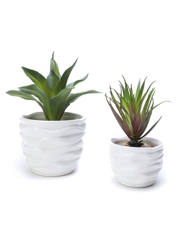 2pc White Modern Wave Texture Ceramic Pots.