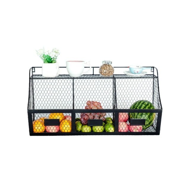 K-Cliffs 3 Compartment Basket, Large Wall Mount Metal Storage Hanging Fruit Organizer  Wire Baskets  Black Dimensions; 26x13x10