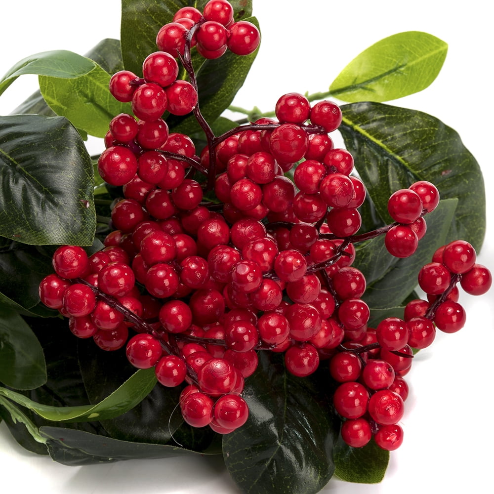 K-Cliffs 3 pieces Faux Red Berries with Green Leaves Unpotted Arrangement, Wedding Shrubs Bouquets, Vases, Wreaths for in/out doors