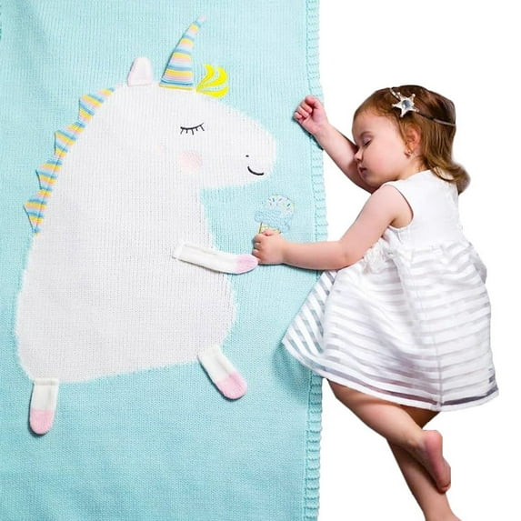 K-Cliffs 3D Unicorn Knit Cotton Crib Throw Baby Blanket Cover Wrap, Unisex |Aqua