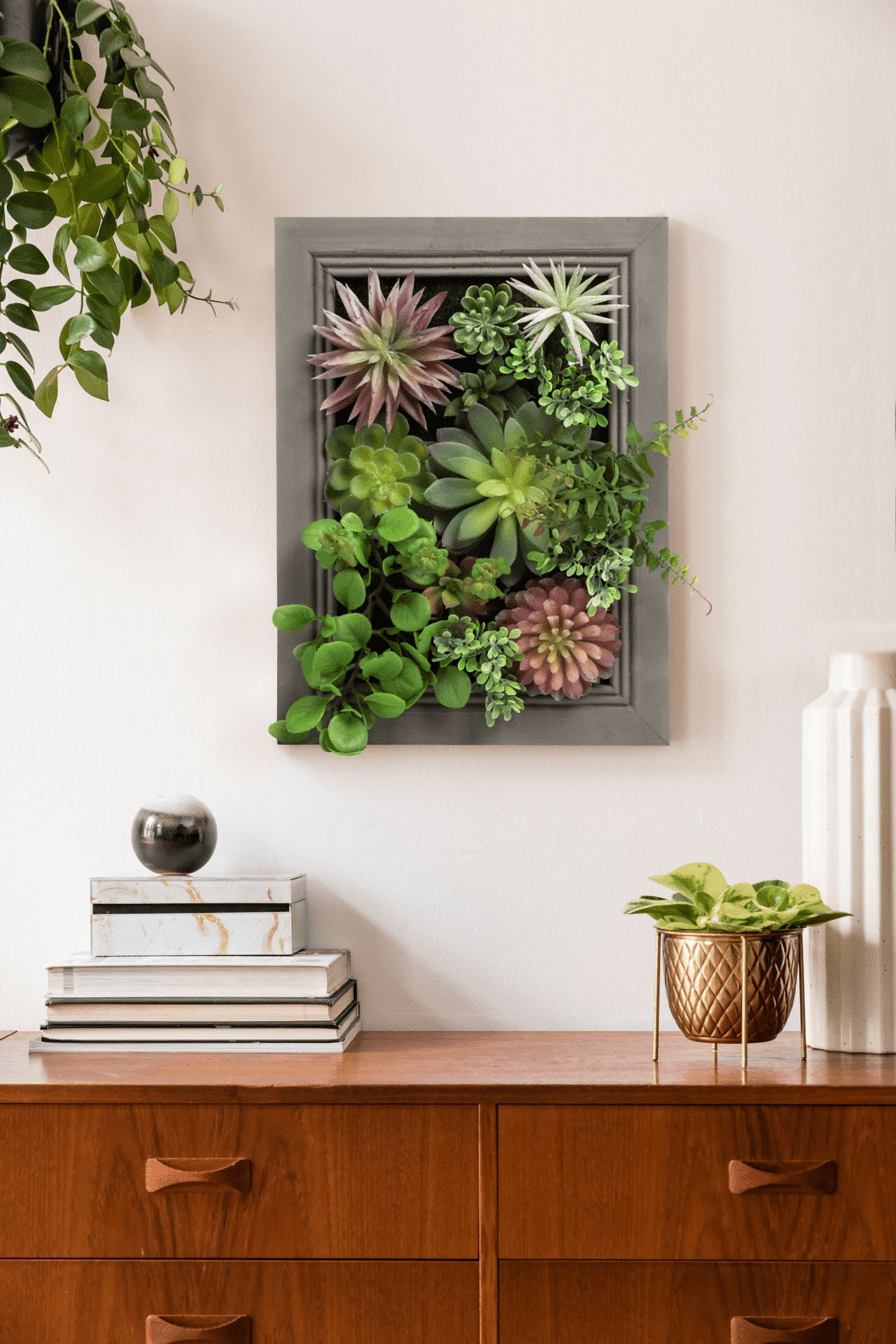 K-Cliffs 3D Wall Hanging Artificial Plants , Succulent Plants Rectangle  Wooden Frames Faux Plant Greenery for Indoor Decor