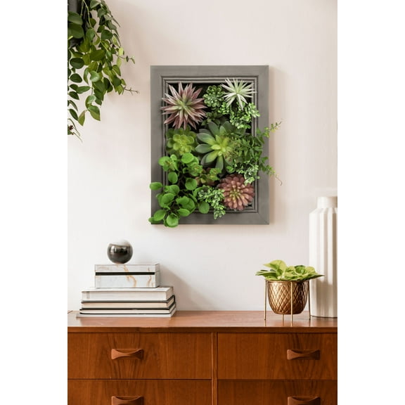 K-Cliffs 3D Wall Hanging Artificial Plants , Succulent Plants Rectangle Wooden Frames Faux Plant Greenery for Indoor Decor