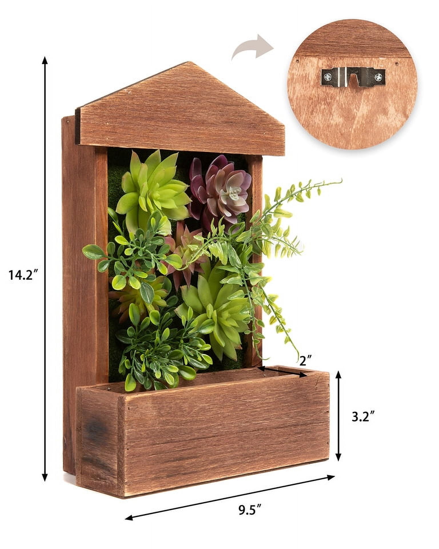 K-Cliffs 3D Wooden House Shape Frame with Faux Succulents and 3 Key Hooks, Wall Arrangement, Brown