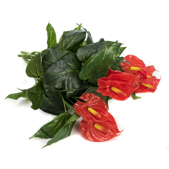 K-Cliffs 3pcs Faux 15.8" Anthurium Red w/ Green Leaves Bouquet, Unpotted Usage in a Vase or a Wreath, In/Out Doors