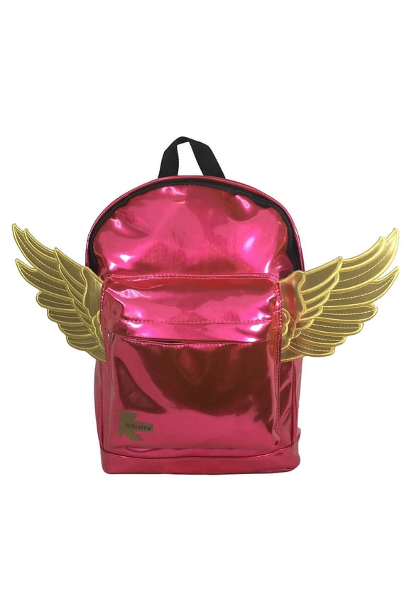 Angel Wings Mini Backpack, Synthetic Leather Daypack Bag Metallic Pink