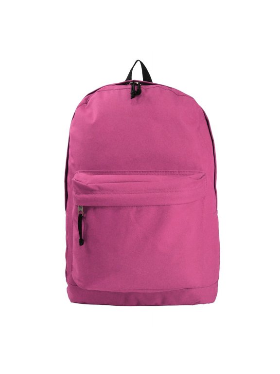 Basic 18 inch School Backpack, Classic Simple Travel Daypack w/Curved Shoulder Straps- Hot Pink