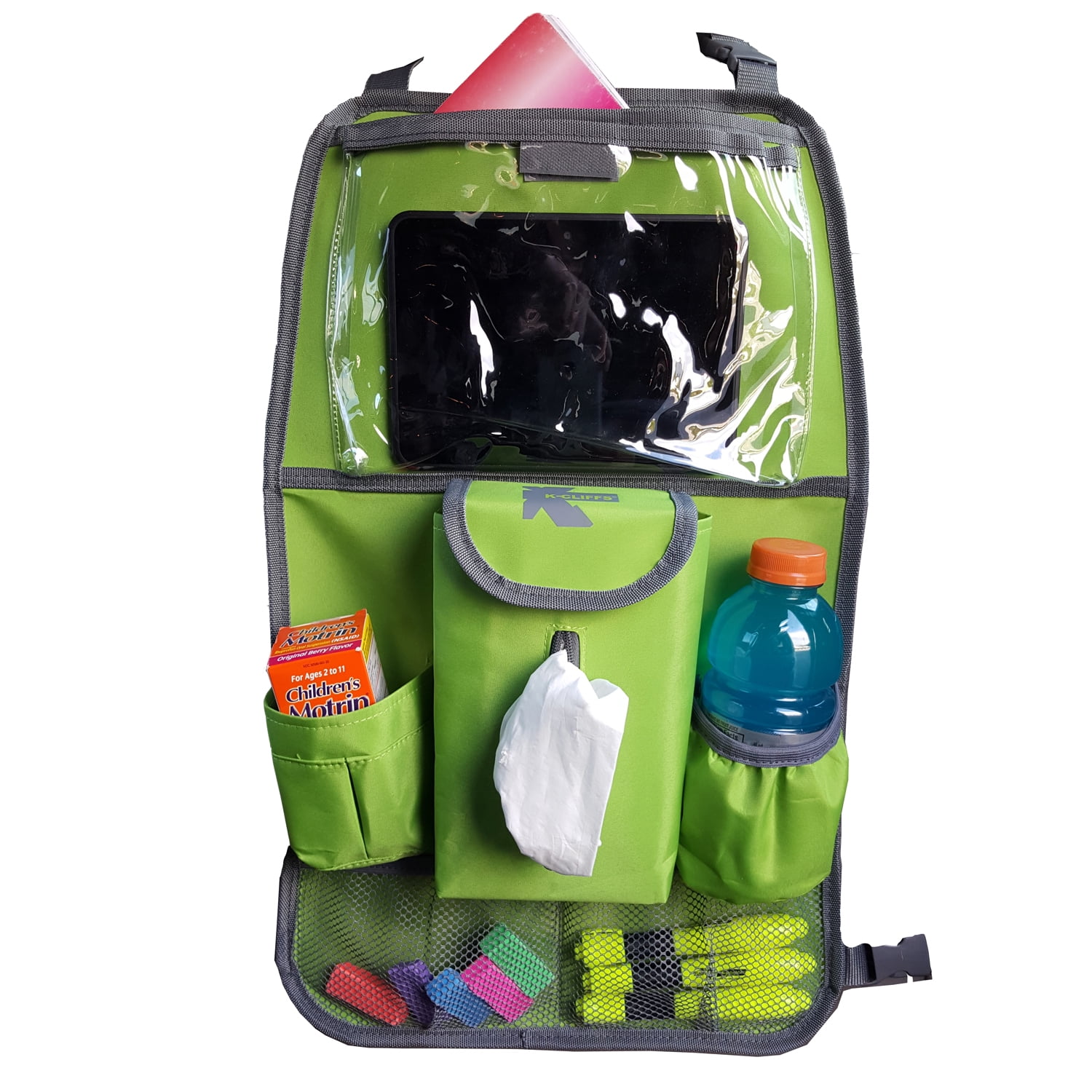 K-Cliffs Car Backseat Organizer Heavy Duty Kick Mat With iPad Tablet Pocket & Tissue Dispenser   Lime Green