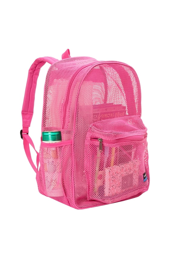 Deluxe Mesh Backpack, Transparent Heavy Duty Student Bookbag, Durable See-Through Daypack, Hot Pink
