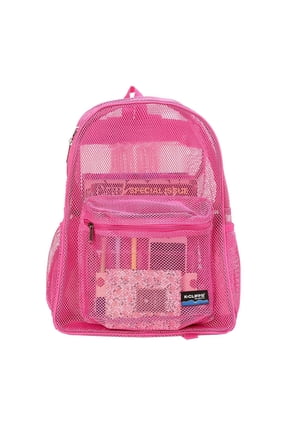 Transparent Mesh Backpack with Side Pockets and Zipper, Padded Student Net Bookbag, Hot Pink