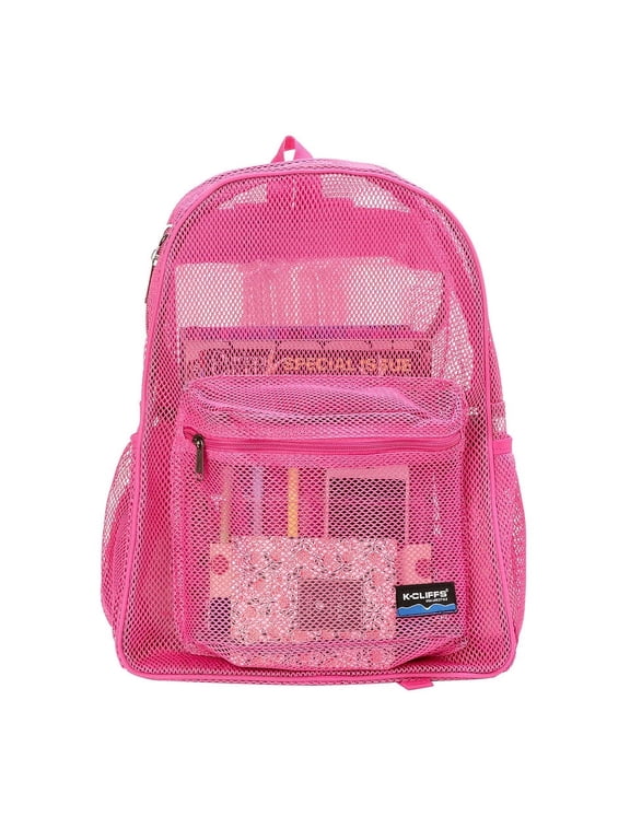 Transparent Mesh Backpack with Side Pockets and Zipper, Padded Student Net Bookbag, Hot Pink