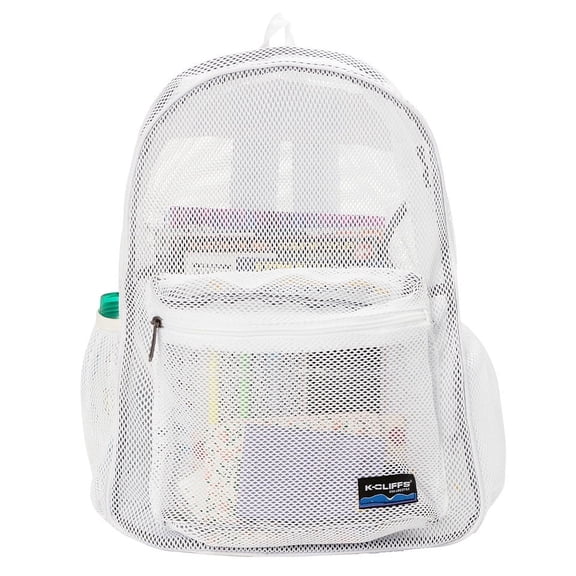 K-Cliffs Deluxe Mesh Backpack Heavy Duty Student Net Bookbag High Quality Simple Netting School Bag Durable Security See Through Daypack White