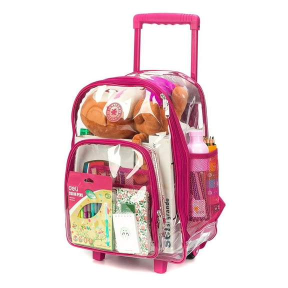 K-Cliffs Deluxe See-Through Clear 0.5mm PVC Rolling School Backpack, Hot Pink Trim, Unisex, Tween-Adult