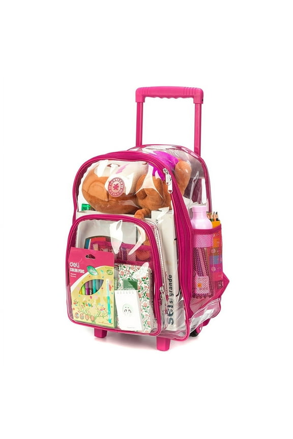 Deluxe See-Through Clear 0.5mm PVC Rolling School Backpack, Hot Pink Trim, Unisex, Tween-Adult