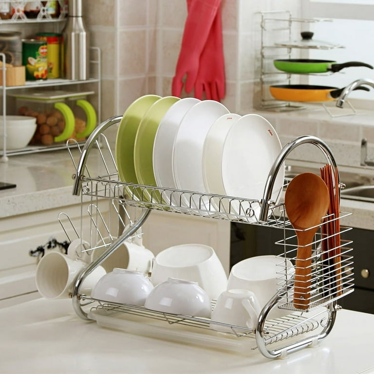 2 Tier Dish Drying Rack, Dish Rack for Kitchen Counter, Rust-Proof Dish  Drainer, S-Shaped Dish Strainer with Drain Board, Utensil Holder, Cup  Holder