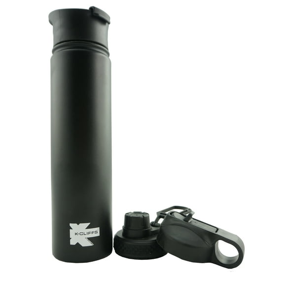 K-Cliffs Double Wall Sports Water Bottle Vacuum Insulated Stainless Steel Hot/Cold Bottles BPA Free 3 Lids Included Straw / Coffee / Sport Cap Black 24oz (800 ML / 0.8L)