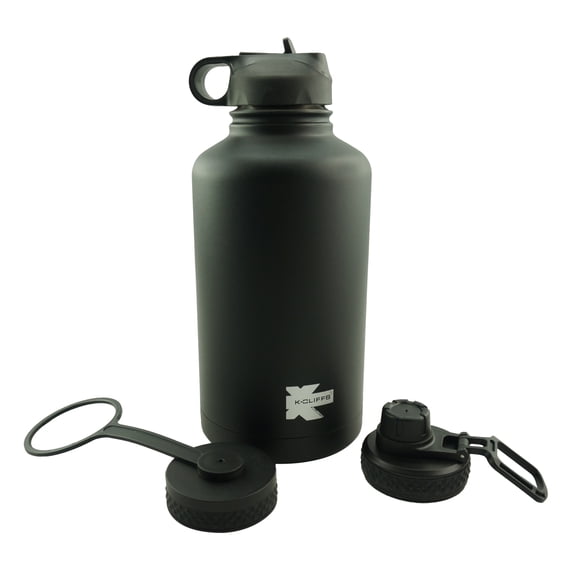 K-Cliffs Double Wall Water Bottle Vacuum Insulated Stainless Steel BPA Free- 3 Lids Included with Straw/ Twist / Sport Cap Black 64oz (2000ML / 2 Liter)