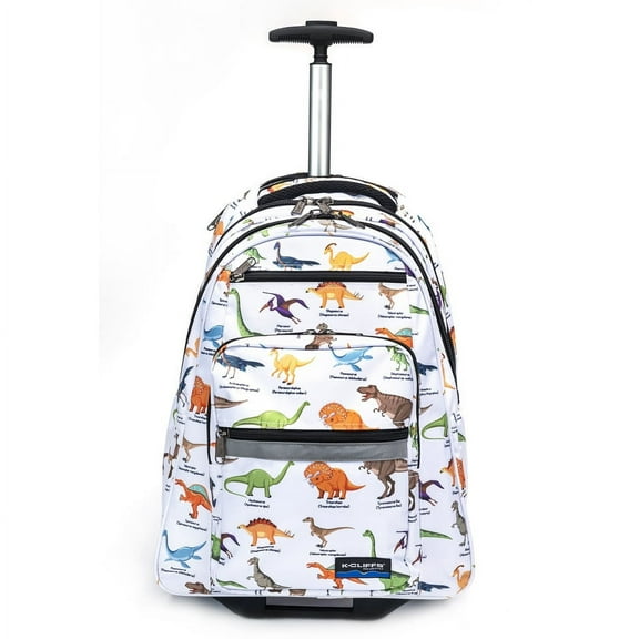 K-Cliffs Heavy Duty Rolling Backpack School Bookbag with Wheels Deluxe Wheeled Daypack Dinosaur