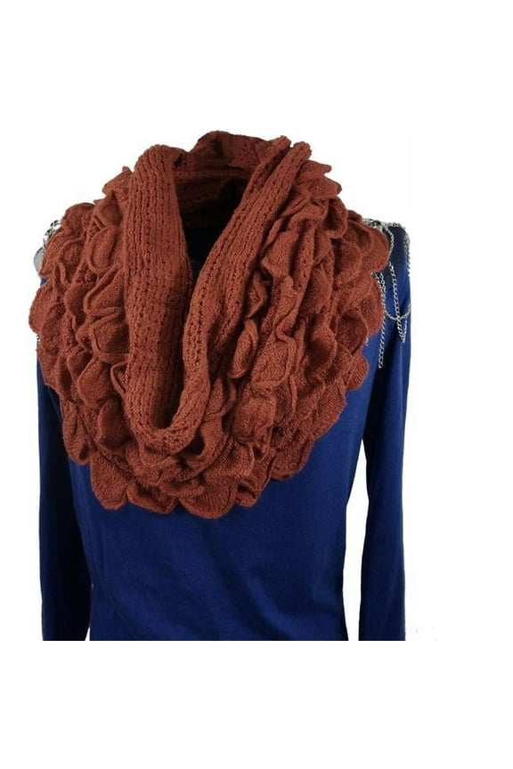 Soft Knitted Infinity Scarf Ruffle Loop Shawl Winter Neck Warmer Brick Red