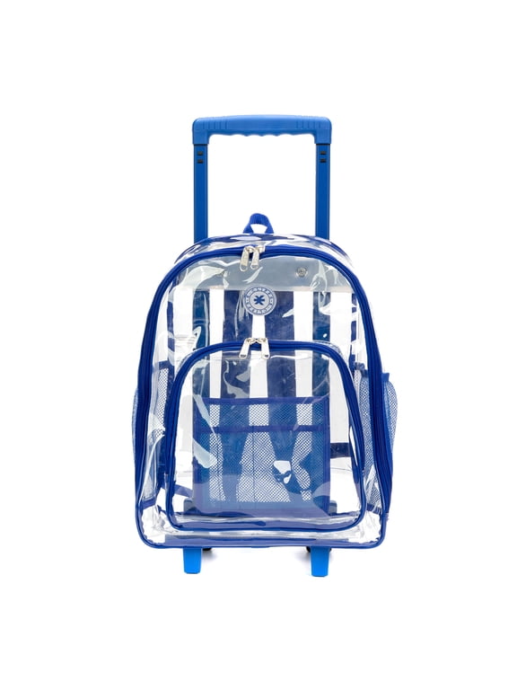 Rolling HeavyDuty Backpack Wheeled Daypack PVC 17""x13.5""x7"" Royal Blue,Clear
