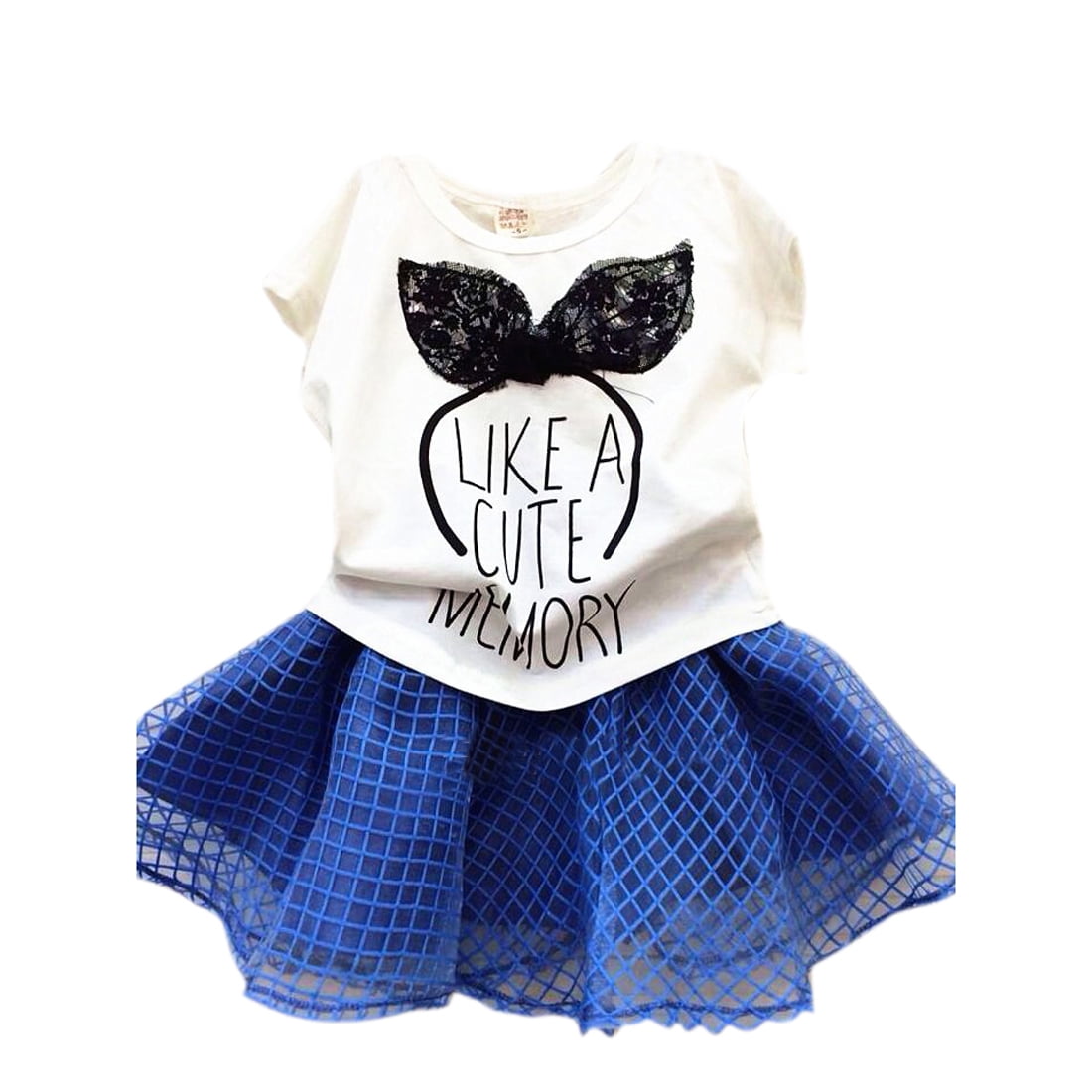 K-Cliffs Little Girls 2 Piece Skirt Set Lace Headband Design Shirt & Double Layered Mesh Skirt, Blue, Size 3Y, Cotton