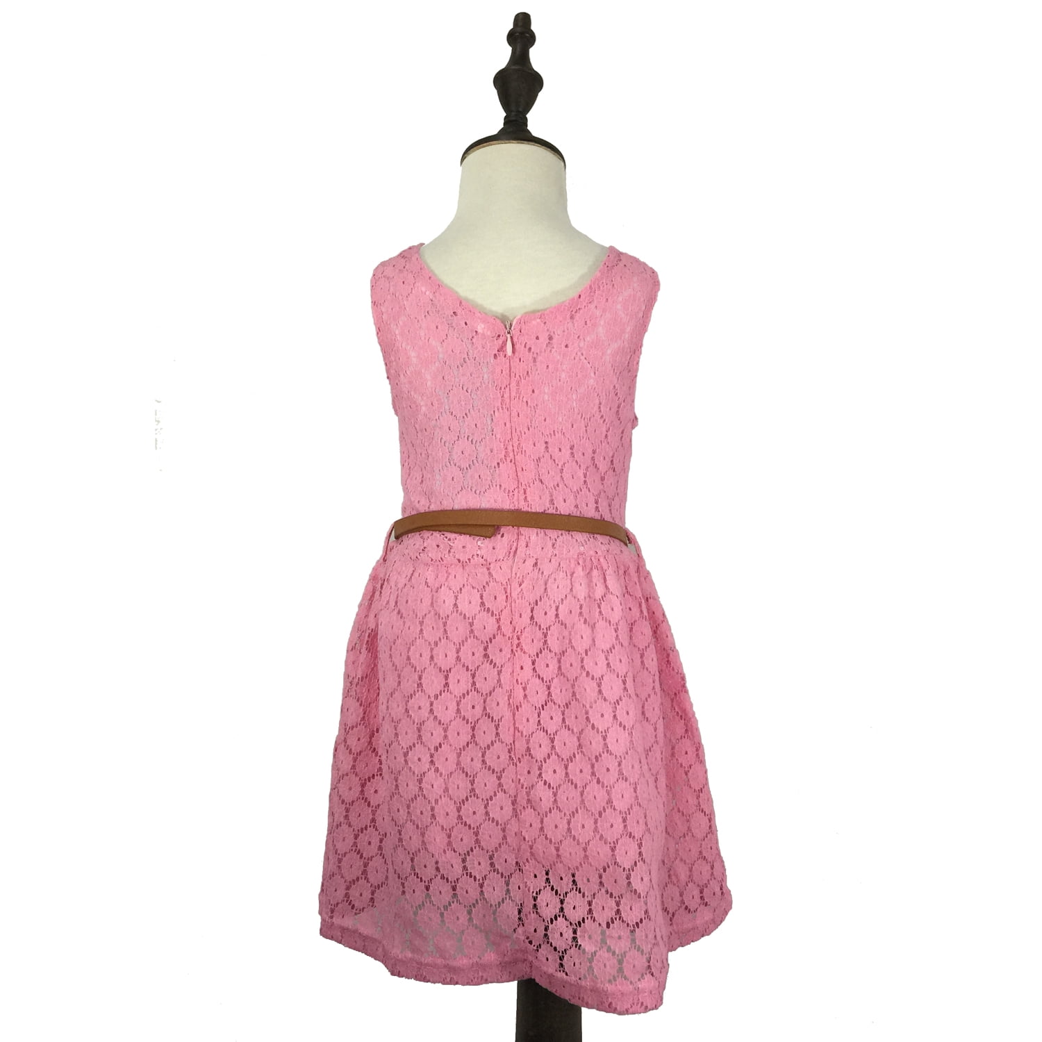 K-Cliffs Little Girls Sleeveless Lace Dress Lace Skirt with Belt, Pink 120
