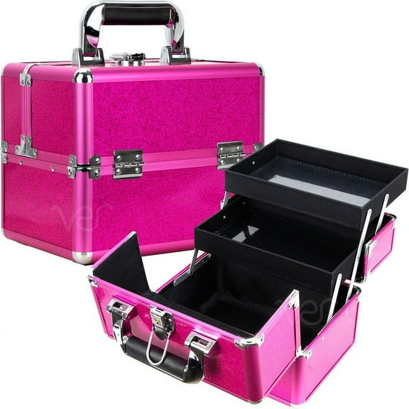 K-Cliffs Magenta Glitter 2-Tier Extendable Trays Makeup Carrier Case/Organizer