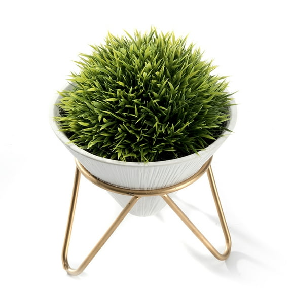 K-Cliffs Modern Design Artificial Plant,Faux Greeny Grass Potted in Conical Shape White Ceramic Pot with a Removable Galvanized Brass Metal Rack
