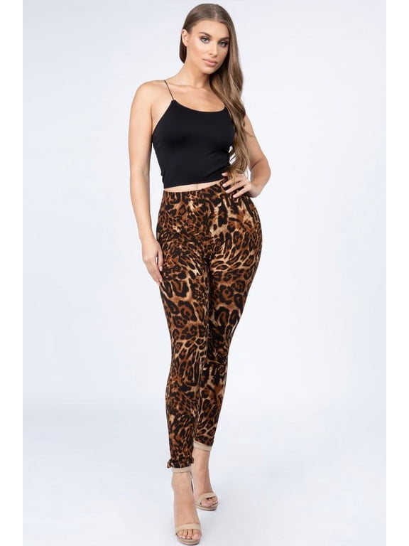 One Size Women's Classic Animal Leopard Print Peach Skin Leggings, Polyester, Color; Brown
