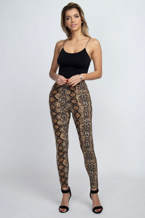 One Size Women's Snakeskin Print Peach Skin Leggings 95%Polyester, 5% Spandex