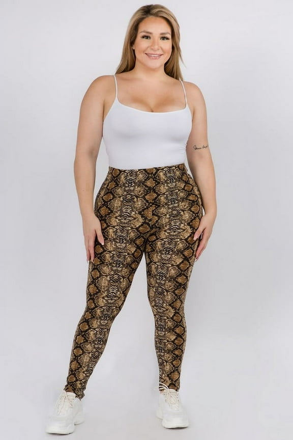 Plus Size Women's Snakeskin Print Peach Skin Leggings, 95% Polyester 5% Spandex