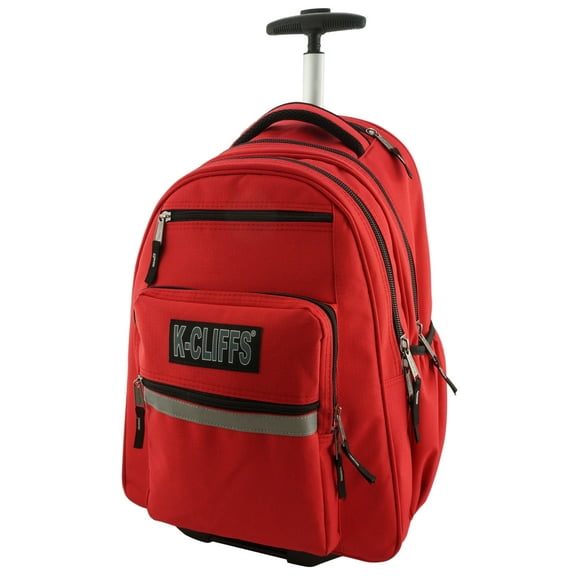 K-Cliffs Rolling Backpack Deluxe Trolley Travel Daypack Wheeled Student Bookbag with Multiple Pockets & Safety Reflective Stripe Red