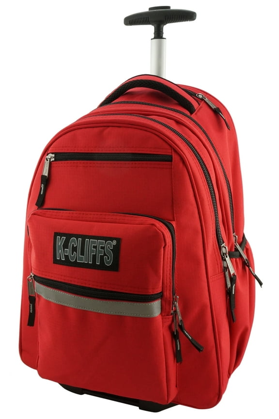 Rolling Backpack Deluxe Trolley Travel Daypack Wheeled Student Bookbag with Multiple Pockets & Safety Reflective Stripe Red