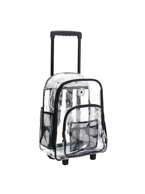 Rolling Clear Backpack with Wheels, Heavy Duty Transparent School Bag, Black