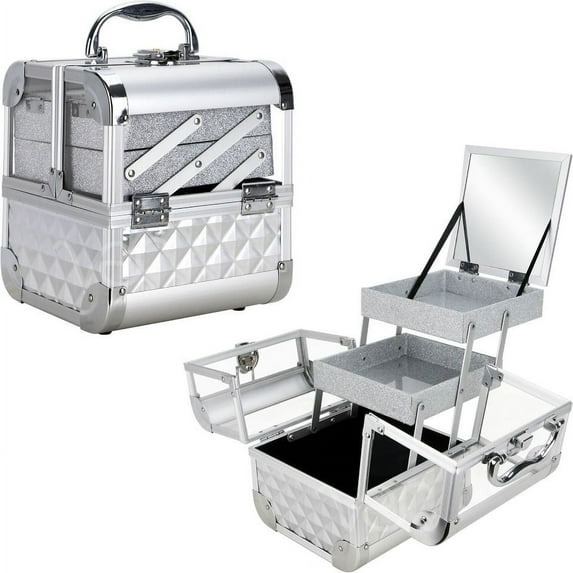 K-Cliffs Silver Diamond Armored Acrylic 2-Tiers Extendable Trays Cosmetic Makeup Train Case with Mirror