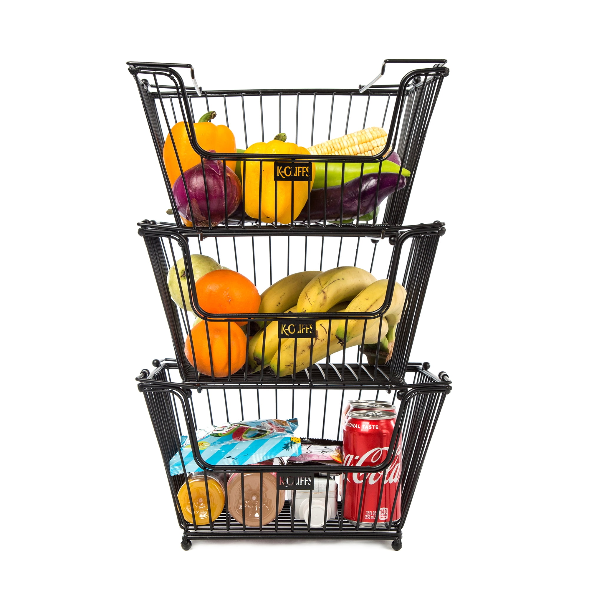 K-Cliffs Stackable Metal Baskets Heavy Duty Quality Wire Baskets Bins for Office Craft Room Kitchen Pantry Office Garage Market Grocery Store Display, 3pcs , Black